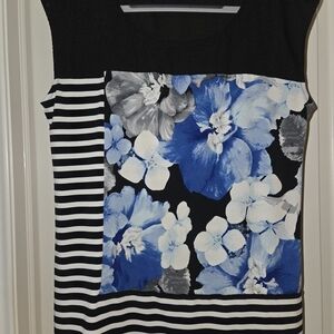 Calvin Klein Black and Blue Floral Striped Blouse